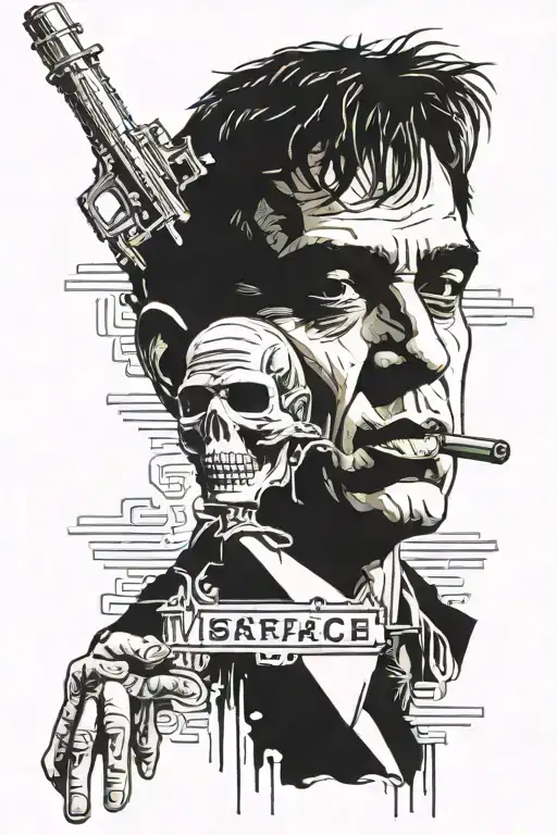 scarface statue, the world is yours words definetely, no face  tattoo design idea