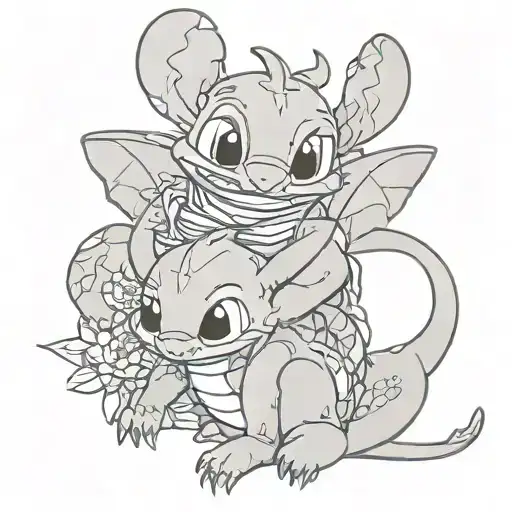 stitch and toothless dragon resting tattoo design idea