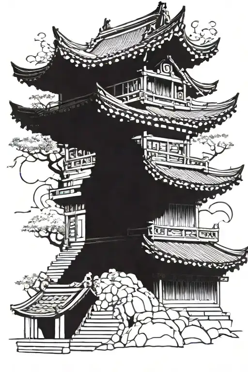 korean temple with samurai sitting on its stairs tattoo design idea