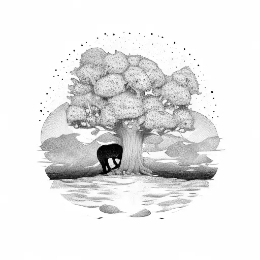 an oak tree on which lies a bear with a turtle sleeping in its paw and on a branch a crow with a top hat tattoo design idea