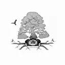 an oak tree on which lies a bear with a turtle sleeping in its paw and on a branch a crow with a top hat tattoo design idea