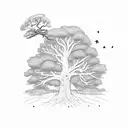 an oak tree on which lies a bear with a turtle sleeping in its paw and on a branch a crow with a top hat tattoo design idea