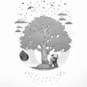 an oak tree on which lies a bear with a turtle sleeping in its paw and on a branch a crow with a top hat tattoo design idea