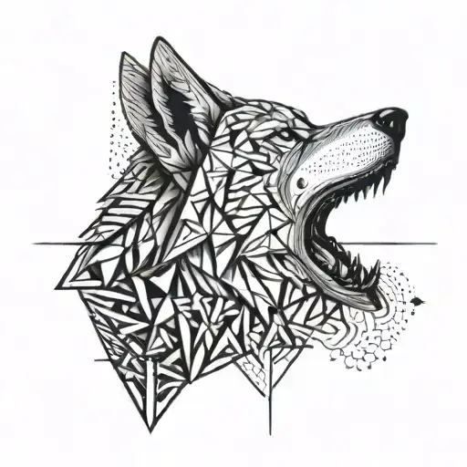 A tattoo of a geometric wolf howling at the moon with intricate dotwork details tattoo design idea
