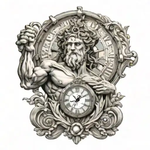 greek mythology cronus god of time, time travel, clock, high resolution 8k exclusive tattoo design idea