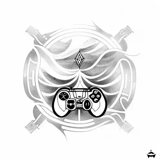 A blackwork tattoo of a gaming controller merging with a wave, representing your passion for gaming and the ocean tattoo design idea