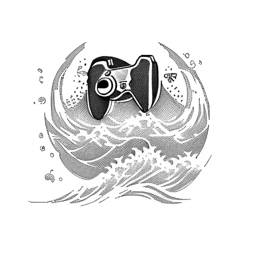A blackwork tattoo of a gaming controller merging with a wave, representing your passion for gaming and the ocean tattoo design idea