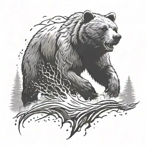 A bear running through a thunderstorm in the mountains, capturing the wild and untamed beauty of nature tattoo design idea