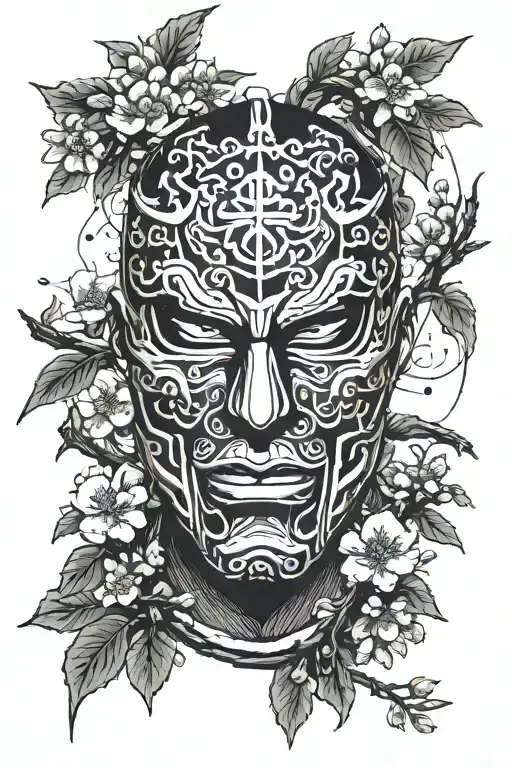 the mask from ghost of tsushima mid mask and SWORD. Sakura tree.  tattoo design idea