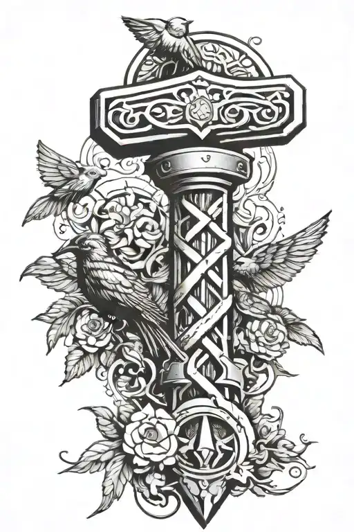 thors hammer and crows tattoo design idea