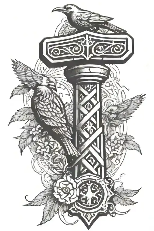 thors hammer and crows nordic tattoo design idea