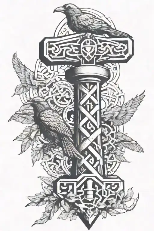 thors hammer and crows tattoo design idea