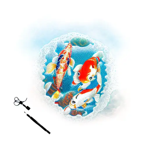 A Japanese koi fish swimming through waterpolo balls and diving equipment tattoo design idea