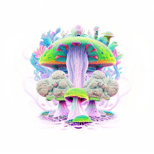 A surreal garden scene with psychedelic mushrooms and cannabis plants intertwined with ocean waves and dream pop music notes tattoo design idea