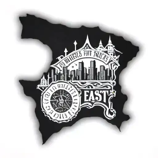 Blackout tattoo depicting berkeley California culture and with the words "made in the east bay" on an African America tattoo design idea