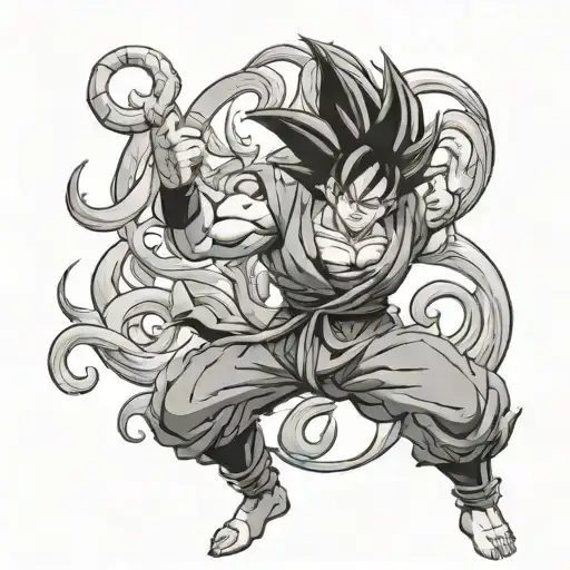 Goku in a dynamic fighting pose surrounded by Aries ram horns tattoo design idea