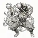 Goku in a dynamic fighting pose surrounded by Aries ram horns tattoo design idea