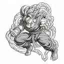 Goku in a dynamic fighting pose surrounded by Aries ram horns tattoo design idea