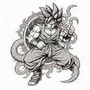 Goku in a dynamic fighting pose surrounded by Aries ram horns tattoo design idea