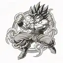 Goku in a dynamic fighting pose surrounded by Aries ram horns tattoo design idea