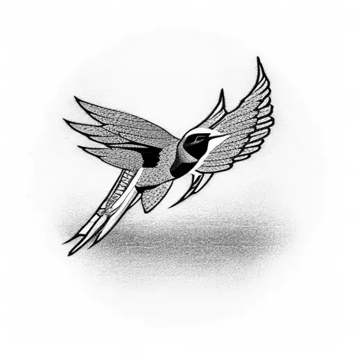 A blackwork tattoo of a swallow flying over a surfboard with the word 'love' written in cursive tattoo design idea