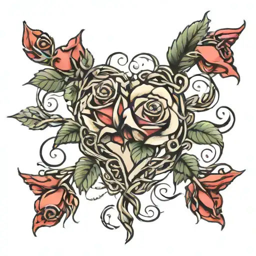 Roses on a vine with thorns in the shape of a heart. "Always" written in the middle of the heart-shaped vine. tattoo design idea