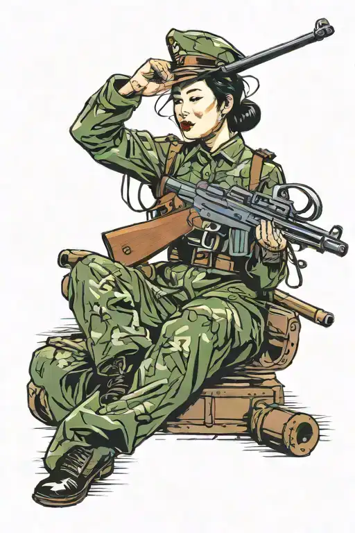 cultural revolution China soldier student pinup girl rifle tattoo design idea