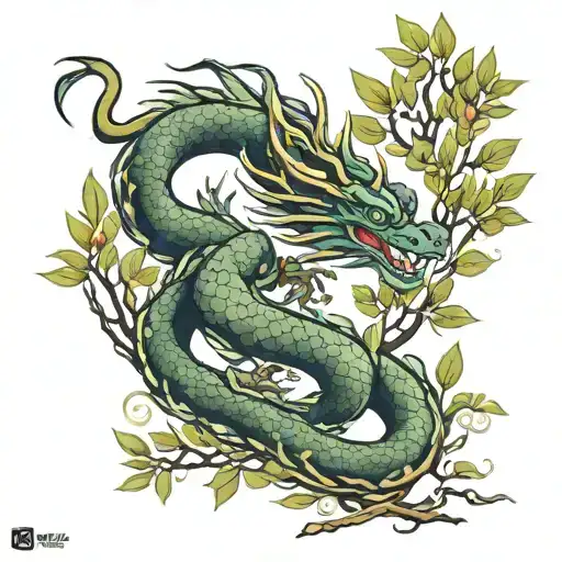 oriental dragon and olive tree  tattoo design idea