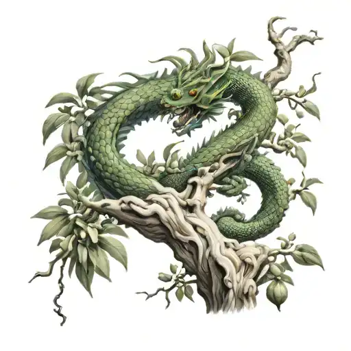 oriental dragon and olive tree  tattoo design idea