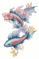 koi fish swimming with Sakura flowers with a gemini tatoo, above that a dragon rising with Japanese maple tree and leave tattoo design idea
