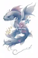 koi fish swimming with Sakura flowers with a gemini tatoo, above that a dragon rising with Japanese maple tree and leave tattoo design idea