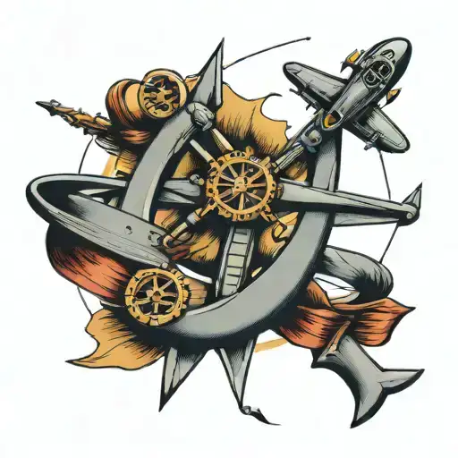 Roman's 8:18 with an anchor, bow, airplane, flyers logo tattoo design idea