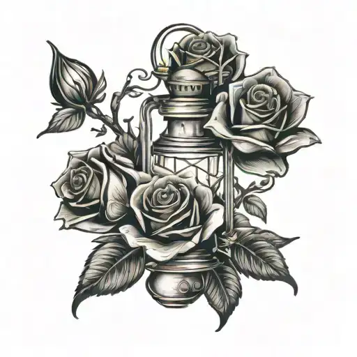 black roses and lantern shining light tattoo design idea