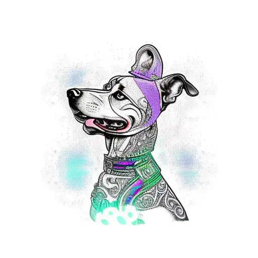 An intricate new-school tattoo showcasing a dog DJ spinning records at a vibrant tekno rave, with a backdrop of Italian landmarks tattoo design idea