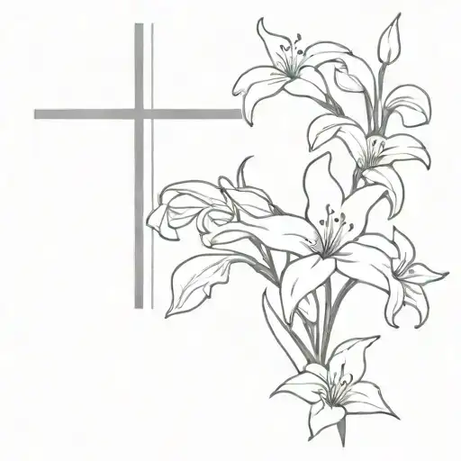 christian cross with lilies and a sparrow tattoo design idea