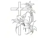 christian cross with lilies and a sparrow tattoo design idea