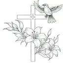 christian cross with lilies and a sparrow tattoo design idea