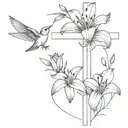 christian cross with lilies and a sparrow tattoo design idea