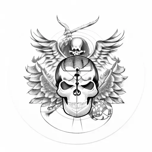 black and white tattoo with libra, skull, owl, angel and demon  wings and clock tattoo design idea