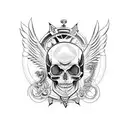black and white tattoo with libra, skull, owl, angel and demon  wings and clock tattoo design idea