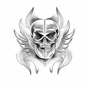 black and white tattoo with libra, skull, owl, angel and demon  wings and clock tattoo design idea