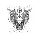black and white tattoo with libra, skull, owl, angel and demon  wings and clock tattoo design idea