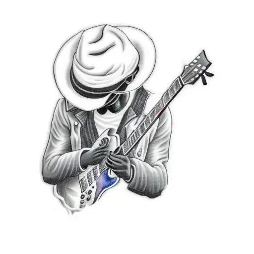 a mysterious black man playing a guitar with a storm in the sky tattoo design idea