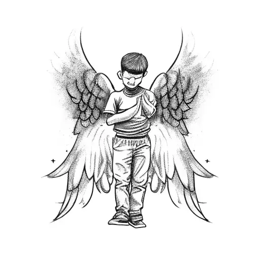 at the top an angel praying then involve soccer and kid holding hads with parents tattoo design idea