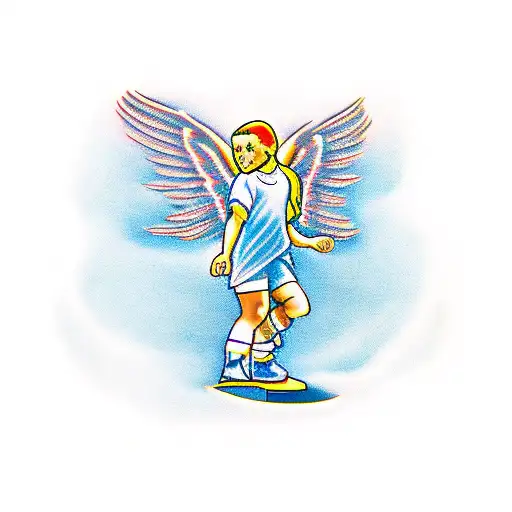 at the top an angel praying then involve soccer and kid holding hads with parents tattoo design idea