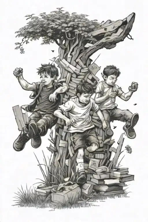 Three boys playing in a field surrounded by books and running shoes tattoo design idea