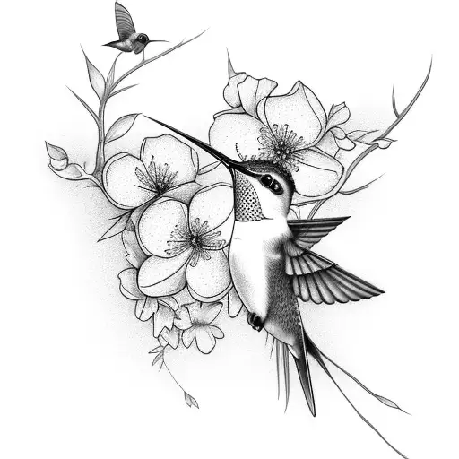 Hummingbird with cherry blossom  tattoo design idea