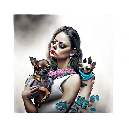 a woman holding a chihuahua tattoo design idea