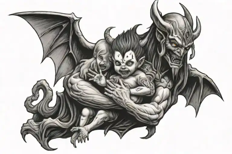 demon holding a child with bible tattoo design idea