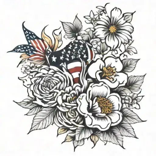 Floral black and white with the English, Hong Kong and American flag tattoo design idea